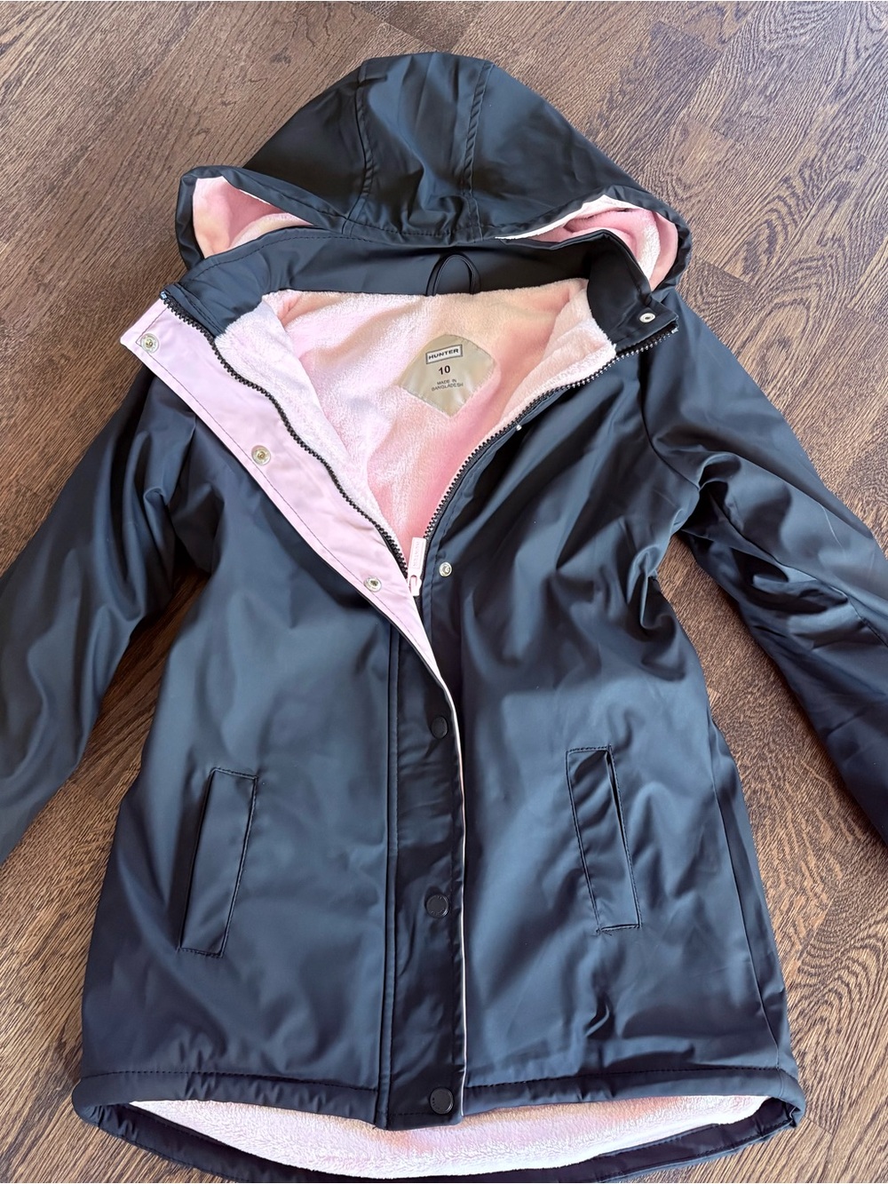 Hunter Black Hooded Puffer Jacket with Pink Fleece Lining